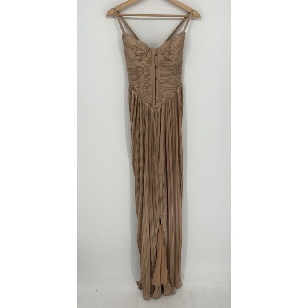 Miss Rosier Gold Glossy Pleated Corset Maxi Dress